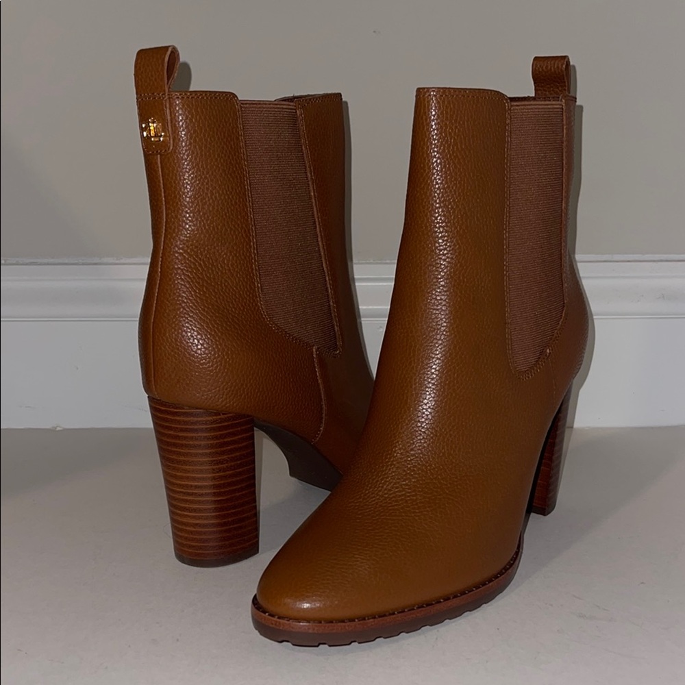 Lauren Ralph Lauren Brown Genuine Leather Chelsea Block Heel Boot, Size 9.5